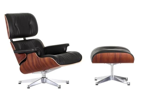 Vitra Lounge Chair & Ottoman - gepolijst - Leder Premium F nero - Santos palisander - klassieke afmetingen - 84 cm