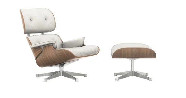 Vitra Lounge Chair & Ottoman - gepolijst - Leder Premium F snow - Amerikaans kersenhout - nieuwe afmetingen - 89 cm