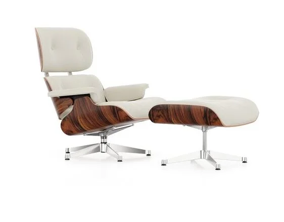 Vitra Lounge Chair & Ottoman - gepolijst - Leder Premium F snow - Santos palisander - nieuwe afmetingen - 89 cm