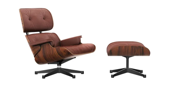 Vitra Lounge Chair & Ottoman - gepolijst/ zijkanten zwart - Leder Premium F brandy - Santos palisander - nieuwe afmetingen - 89 cm