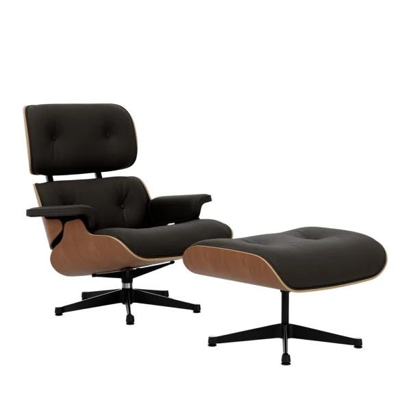 Vitra Lounge Chair & Ottoman - gepolijst/ zijkanten zwart - Leder Premium F bruin - Amerikaans kersenhout - klassieke afmetingen - 84 cm