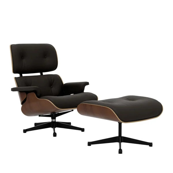 Vitra Lounge Chair & Ottoman - gepolijst/ zijkanten zwart - Leder Premium F bruin - Notenhout - zwart gepigmenteerd - klassieke afmetingen - 84 cm