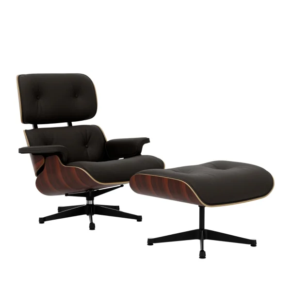 Vitra Lounge Chair & Ottoman - gepolijst/ zijkanten zwart - Leder Premium F bruin - Santos palisander - klassieke afmetingen - 84 cm