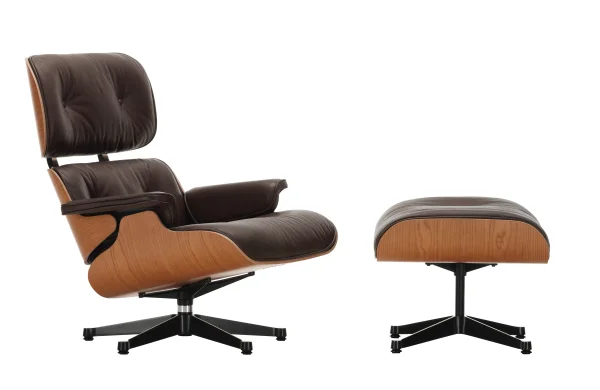 Vitra Lounge Chair & Ottoman - gepolijst/ zijkanten zwart - Leder Premium F chocolate - Amerikaans kersenhout - klassieke afmetingen - 84 cm