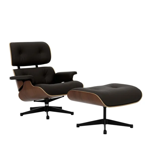 Vitra Lounge Chair & Ottoman - gepolijst/ zijkanten zwart - Leder Premium F chocolate - Notenhout - zwart gepigmenteerd - klassieke afmetingen - 84 cm