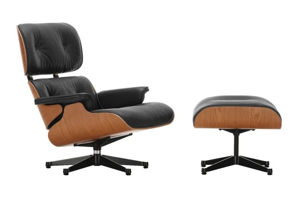 Vitra Lounge Chair & Ottoman - gepolijst/ zijkanten zwart - Leder Premium F nero - Amerikaans kersenhout - klassieke afmetingen - 84 cm