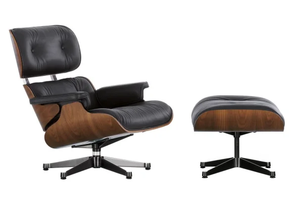 Vitra Lounge Chair & Ottoman - gepolijst/ zijkanten zwart - Leder Premium F nero - Notenhout - zwart gepigmenteerd - klassieke afmetingen - 84 cm