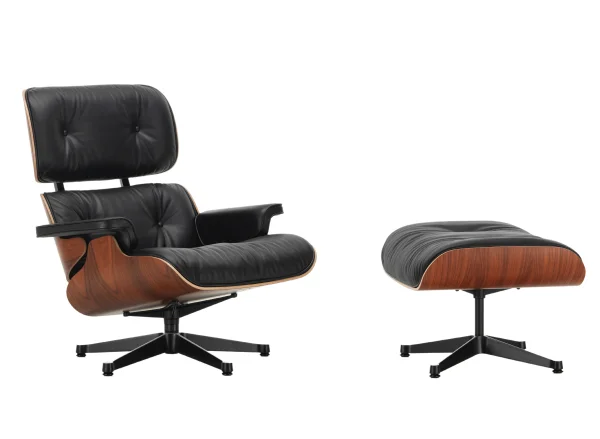 Vitra Lounge Chair & Ottoman - gepolijst/ zijkanten zwart - Leder Premium F nero - Santos palisander - klassieke afmetingen - 84 cm