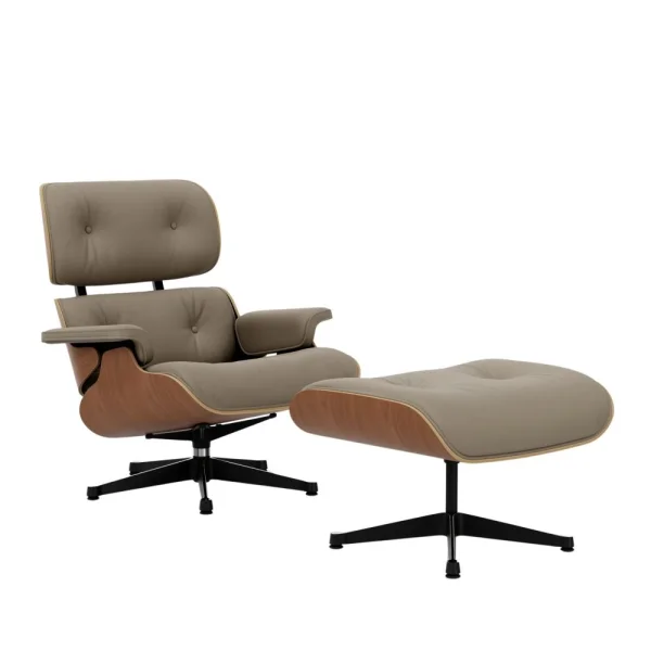 Vitra Lounge Chair & Ottoman - gepolijst/ zijkanten zwart - Leder Premium F sand  - Amerikaans kersenhout - nieuwe afmetingen - 89 cm