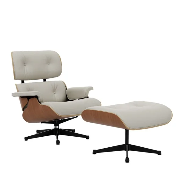 Vitra Lounge Chair & Ottoman - gepolijst/ zijkanten zwart - Leder Premium F snow - Amerikaans kersenhout - nieuwe afmetingen - 89 cm