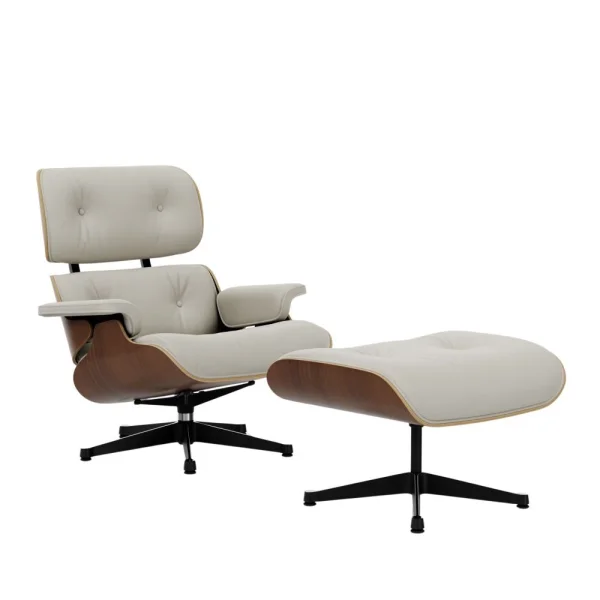 Vitra Lounge Chair & Ottoman - gepolijst/ zijkanten zwart - Leder Premium F snow - Notenhout - zwart gepigmenteerd - nieuwe afmetingen - 89 cm