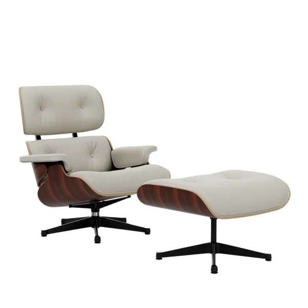 Vitra Lounge Chair & Ottoman - gepolijst/ zijkanten zwart - Leder Premium F snow - Santos palisander - nieuwe afmetingen - 89 cm