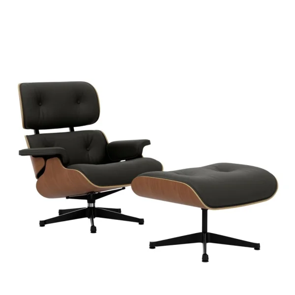 Vitra Lounge Chair & Ottoman - gepolijst/ zijkanten zwart - Leder Premium F umbra - Amerikaans kersenhout - nieuwe afmetingen - 89 cm