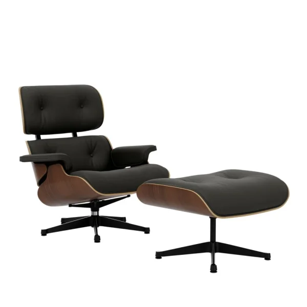 Vitra Lounge Chair & Ottoman - gepolijst/ zijkanten zwart - Leder Premium F umbra - Notenhout - zwart gepigmenteerd - nieuwe afmetingen - 89 cm