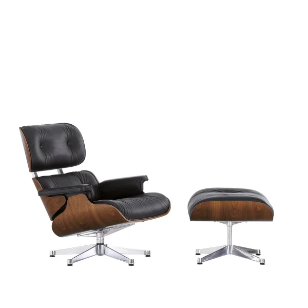 Vitra Lounge Chair & Ottoman - nieuwe afmetingen - 89 cm - Notenhout - zwart gepigmenteerd - Leder Premium F nero - gepolijst