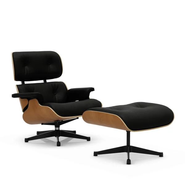 Vitra Lounge Chair & Ottoman - VitraKirscheNatur - Leder Premium F nero - gepolijst/ zijkanten zwart