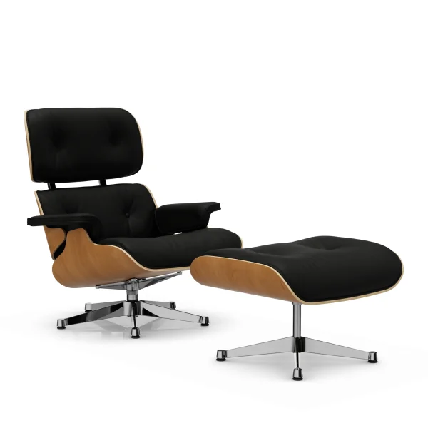 Vitra Lounge Chair & Ottoman - VitraKirscheNatur - Leder Premium F nero - gepolijst