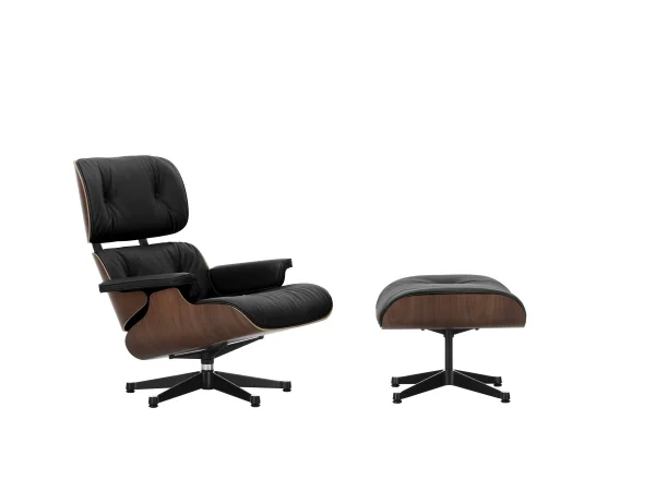 Vitra Lounge Chair & Ottoman - VitraNussbaumDunkel - Leder Premium F nero - gepolijst/ zijkanten zwart