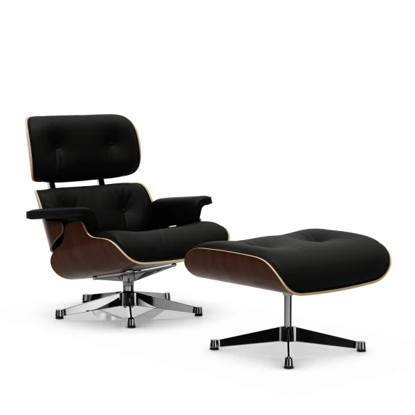 Vitra Lounge Chair & Ottoman - VitraNussbaumDunkel - Leder Premium F nero - gepolijst