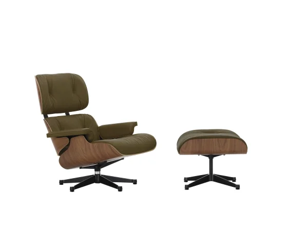 Vitra Lounge Chair & Ottoman - VitraNussbaumNatur - Leder Premium F kaki - gepolijst/ zijkanten zwart