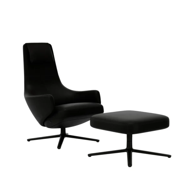 Vitra Repos Fauteuil & Ottoman - basic dark gepoedercoat - Lederen contrastnaad 66 nero - Zithoogte 40 cm