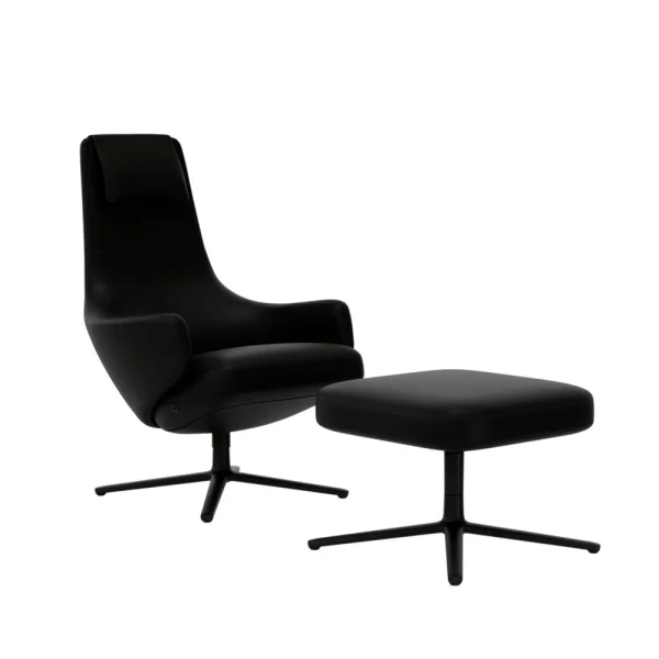 Vitra Repos Fauteuil & Ottoman - basic dark gepoedercoat - Lederen contrastnaad 66 nero - Zithoogte 45 cm