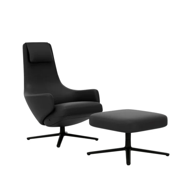 Vitra Repos Fauteuil & Ottoman - basic dark gepoedercoat - Lederen contrastnaden 67 asfalt - Zithoogte 40 cm