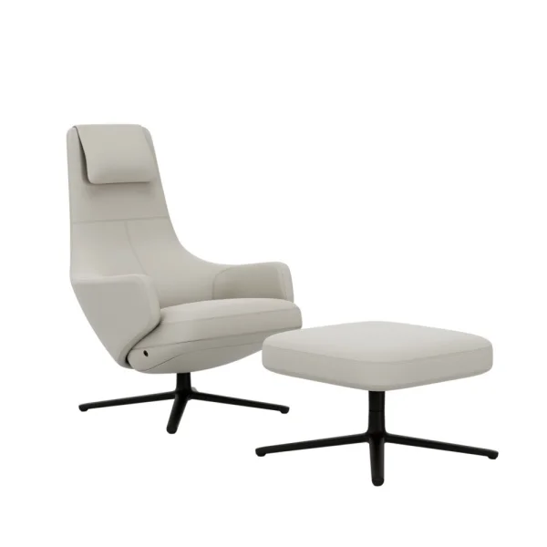 Vitra Repos Fauteuil & Ottoman - basic dark gepoedercoat - Lederen contrastnaden 72 sneeuw - Zithoogte 40 cm