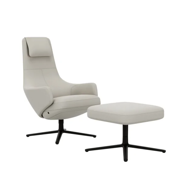 Vitra Repos Fauteuil & Ottoman - basic dark gepoedercoat - Lederen contrastnaden 72 sneeuw - Zithoogte 45 cm