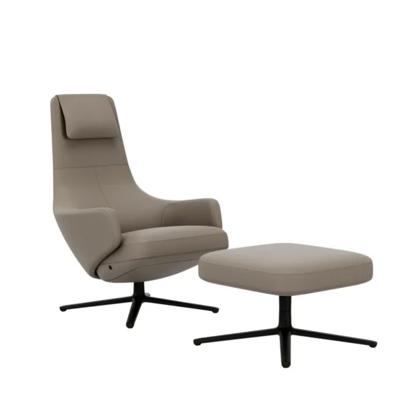 Vitra Repos Fauteuil & Ottoman - basic dark gepoedercoat - Leren coKontrastnaht 71 sandntrastnaden 71 zand - Zithoogte 40 cm