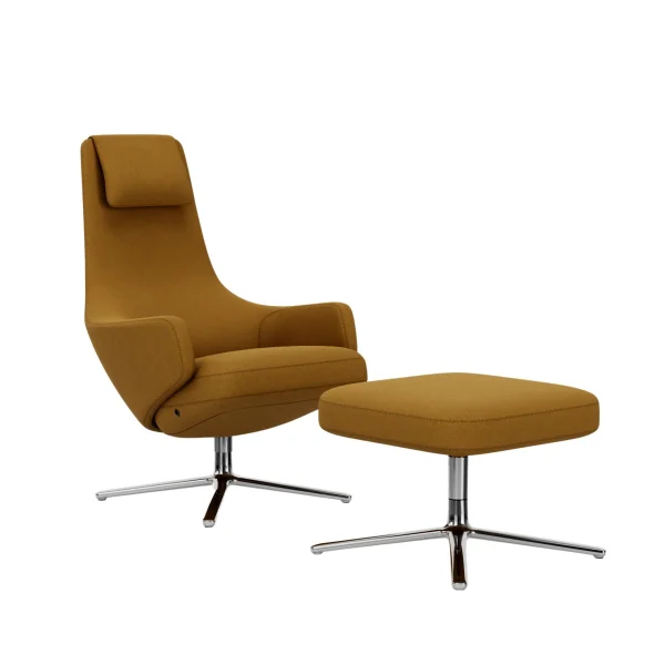 Vitra Repos Fauteuil & Ottoman - gepolijst aluminium - Cosy 2 - koolzaadgeel - Zithoogte 45 cm