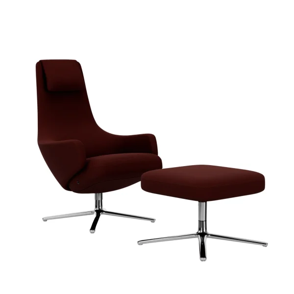 Vitra Repos Fauteuil & Ottoman - gepolijst aluminium - Cosy2 kastanje - Zithoogte 45 cm