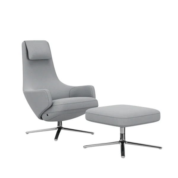 Vitra Repos Fauteuil & Ottoman - gepolijst aluminium - Cosy2 zachtblauw - Zithoogte 40 cm