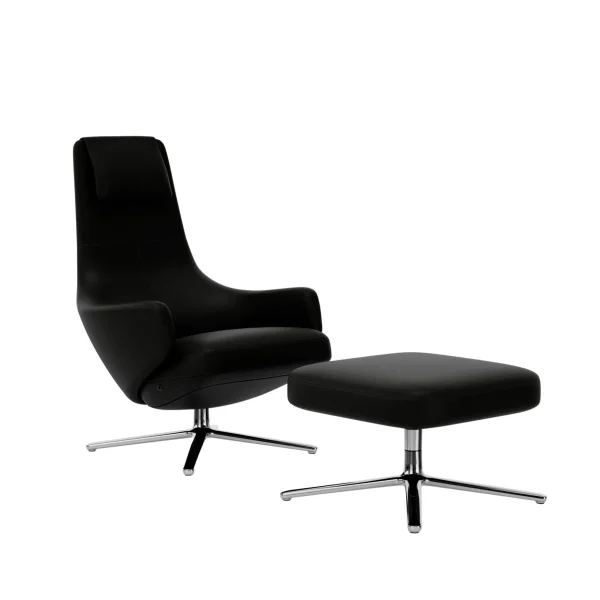 Vitra Repos Fauteuil & Ottoman - gepolijst aluminium - Lederen contrastnaad 66 nero - Zithoogte 40 cm