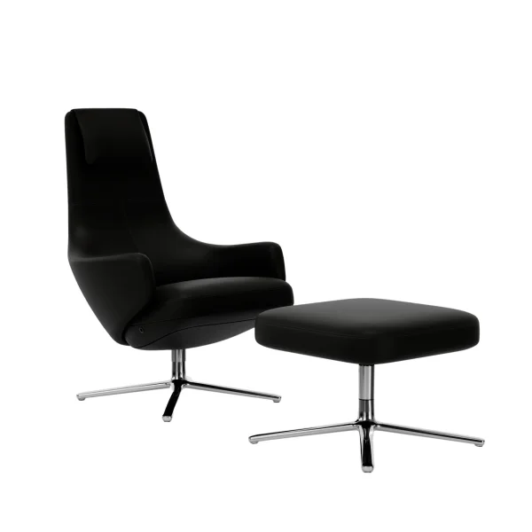 Vitra Repos Fauteuil & Ottoman - gepolijst aluminium - Lederen contrastnaad 66 nero - Zithoogte 45 cm