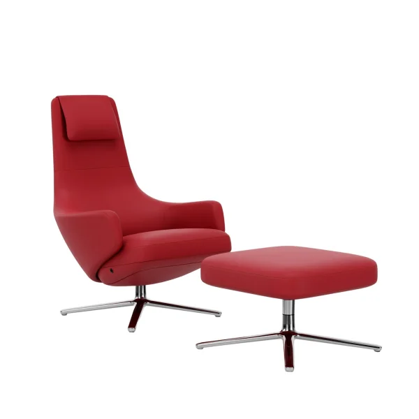 Vitra Repos Fauteuil & Ottoman - gepolijst aluminium - Lederen contrastnaad 70 rood - Zithoogte 40 cm