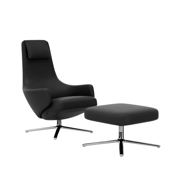 Vitra Repos Fauteuil & Ottoman - gepolijst aluminium - Lederen contrastnaden 67 asfalt - Zithoogte 40 cm