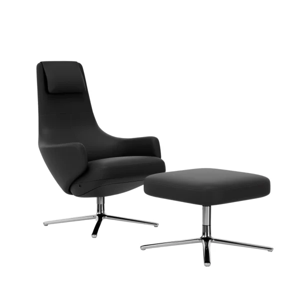 Vitra Repos Fauteuil & Ottoman - gepolijst aluminium - Lederen contrastnaden 67 asfalt - Zithoogte 45 cm