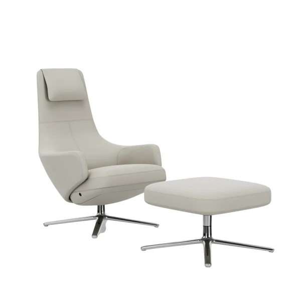 Vitra Repos Fauteuil & Ottoman - gepolijst aluminium - Lederen contrastnaden 72 sneeuw - Zithoogte 40 cm