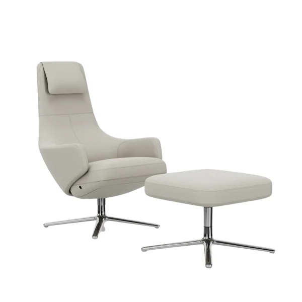 Vitra Repos Fauteuil & Ottoman - gepolijst aluminium - Lederen contrastnaden 72 sneeuw - Zithoogte 45 cm