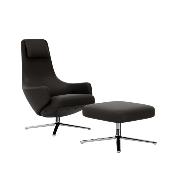 Vitra Repos Fauteuil & Ottoman - gepolijst aluminium - Lederen contraststeek 68 chocolade - Zithoogte 40 cm