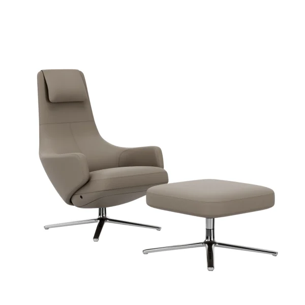 Vitra Repos Fauteuil & Ottoman - gepolijst aluminium - Leren coKontrastnaht 71 sandntrastnaden 71 zand - Zithoogte 40 cm