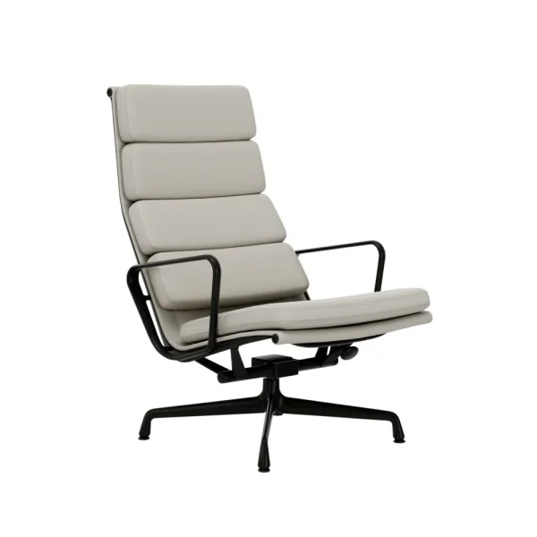 Vitra Soft Pad Chair EA 222 - diepzwart - Leder Premium F/Plano - snow/wit - Glijders voor harde vloer