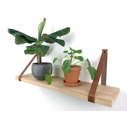 Woodbrothers Eiken wandplank massief recht 120x30cm + leren riem bruin