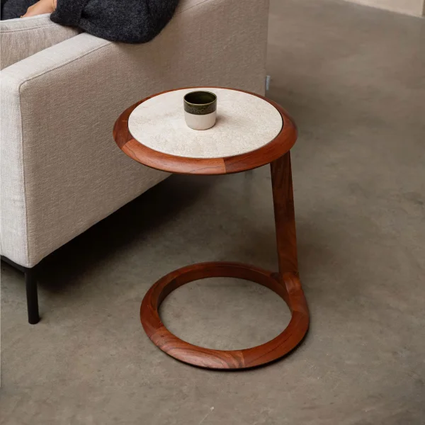 Zuiver Bijzettafel Doppio Travertin en acaciahout, 45 x 41cm - Bruin - Rond